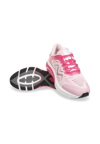 Light pink athletic shoes with a textured mesh upper, white accents, pink laces, and a black rubber outsole featuring a ridged pattern.