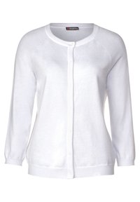 Bílý kardigan z měkkého materiálu, s kulatým výstřihem, dlouhými raglánovými rukávy a zapínáním na knoflíky vpředu.
