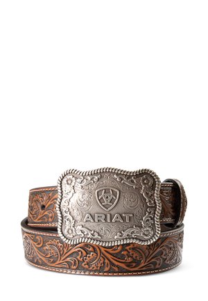Brown leather belt with intricate floral tooling, featuring a silver-toned buckle embossed with the "Ariat" logo and decorative edges.