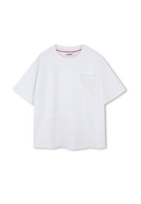 T-shirt bianco in cotone con una vestibilità ampia, maniche corte e taschino frontale. Presenta un ricamo del logo discreto sulla tasca.