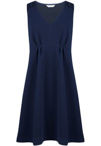 Mouwloze donkermarineblauwe textuur jurk met V-hals en een lichte gathering onder de buste, die zachtjes naar de zoom uitloopt.