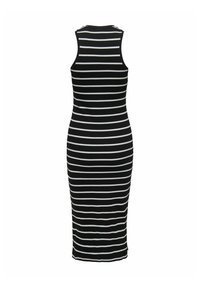 Vestido midi de rayas blancas y negras con diseño sin mangas, silueta ajustada y escote redondo. Textura suave, longitud a media pantorrilla.
