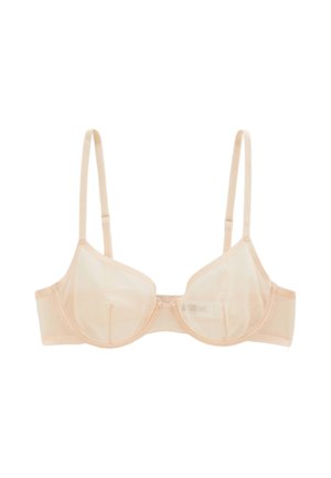 Soutien-gorge à armatures beige clair transparent avec bretelles fines réglables et sans rembourrage, présenté à plat sur fond blanc.
