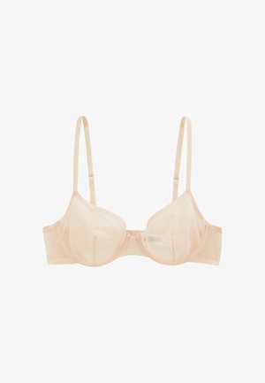 Soutien-gorge à armatures beige clair transparent avec bretelles fines réglables et sans rembourrage, présenté à plat sur fond blanc.