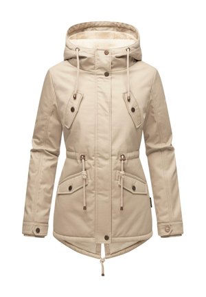 Beige waterproof jacket with a faux fur-lined hood, drawstring waist, two flap pockets, and a front zipper closure. Smooth texture and relaxed fit.