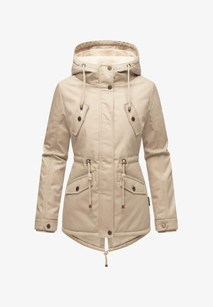 Beige waterproof jacket with a faux fur-lined hood, drawstring waist, two flap pockets, and a front zipper closure. Smooth texture and relaxed fit.