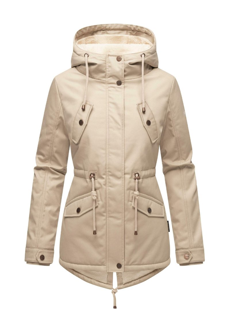 Beige waterdichte jas met een met fauxbont gevoerde capuchon, een trekkoord in de taille, twee klepzakken en een ritssluiting aan de voorkant. Gladde textuur en een relaxed fit.