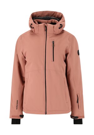 Softhvid pink vandtæt jakke med lynlås foran, justerbar hætte, lynlås brystlomme og sorte accenter på mansjetter og kant.
