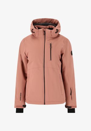 Weiche pinkfarbene wasserdichte Jacke mit durchgehendem Reißverschluss, verstellbare Kapuze, Reißverschlusstasche auf der Brust und schwarzen Akzenten an den Bündchen und am Saum.