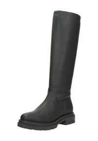 Zwart leren laarzen tot de knie met een gladde textuur, ronde neus en een dikke, gestructureerde rubberen zool voor grip. Minimale ontwerpelementen.