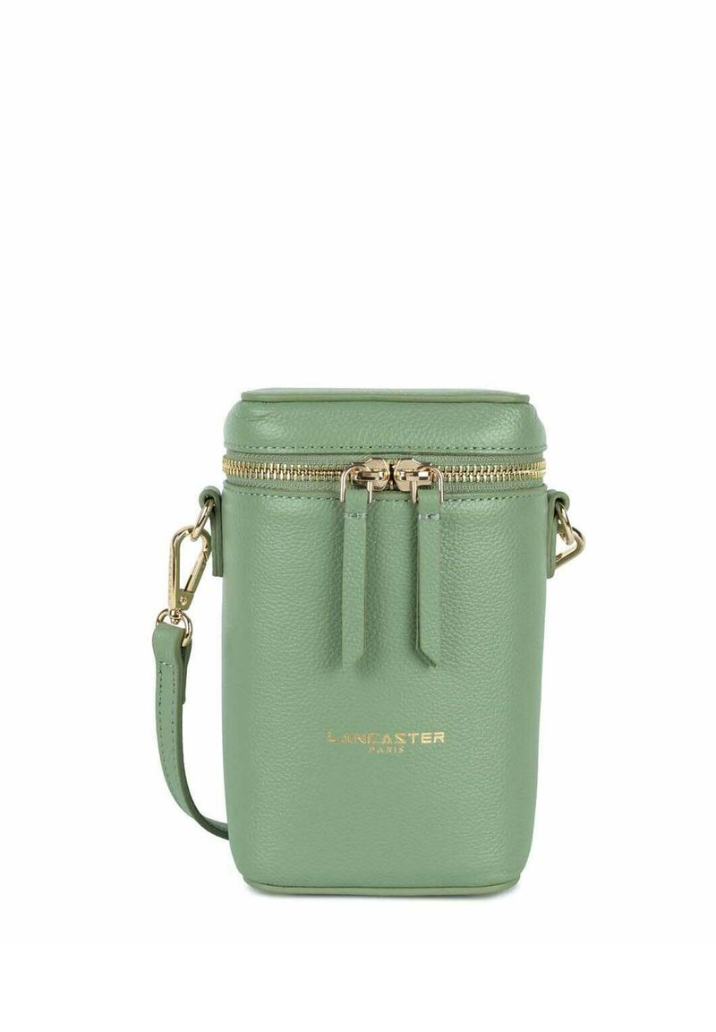 Borsa a tracolla verde in pelle con chiusura a zip, hardware dorato e doppi cursori con il logo del marchio impresso sul davanti.