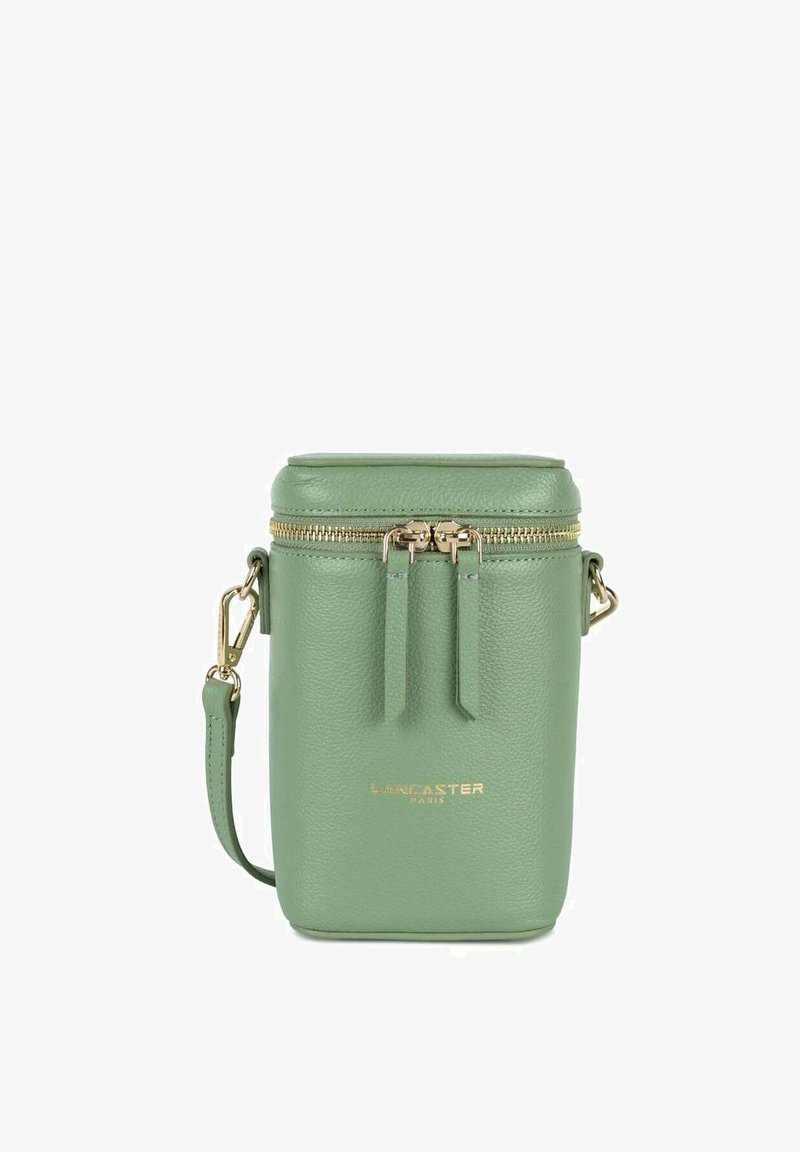 Borsa a tracolla verde in pelle con chiusura a zip, hardware dorato e doppi cursori con il logo del marchio impresso sul davanti.