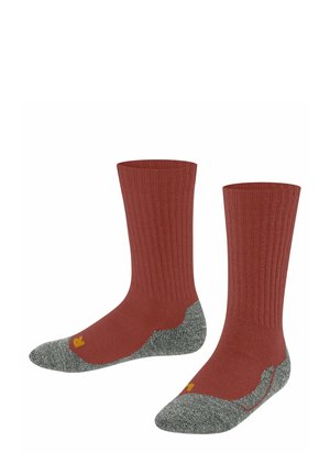 Rote gerippte Socken mit grauen Bündchen und verstärkten Zehen, nebeneinander stehend auf einem weißen Hintergrund.