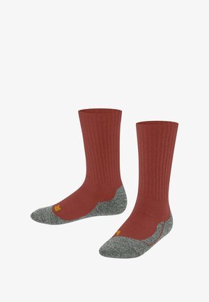 Red ribbed socks with gray cuffs and reinforced toes, displayed standing side by side on a white background.