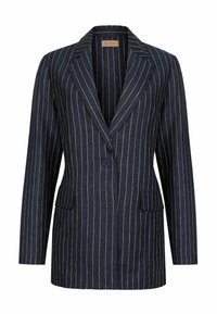 Marinblå kavaj med vita vertikala ränder, slagkragar, enkel knappstängning och två framfickor. Strukturerad tyg.