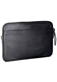 Schwarze Laptoptasche aus Leder mit glatter Textur, Reißverschluss und einer Rückentasche. Verfügt über abgerundete Ecken und ein minimalistisches Design.