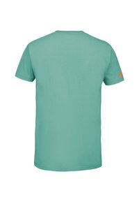 Mintgrøn bomulds T-shirt med rund hals og korte ærmer. Har et orange trekant design på venstre ærme. Glat tekstur.