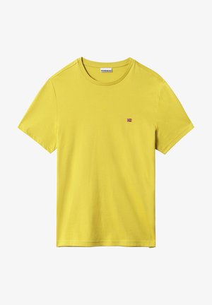 Yellow cotton T-shirt with a crew neck and short sleeves. Features a small logo patch on the chest. Smooth texture and relaxed fit.