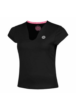 Zwart dames T-shirt met korte mouwen en V-hals, met een klein rond logo op de borst en een roze gebreide binnenkraag.