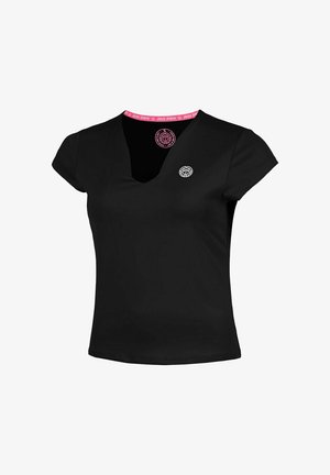 Zwart dames T-shirt met korte mouwen en V-hals, met een klein rond logo op de borst en een roze gebreide binnenkraag.