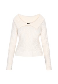 Crème kabelgebreide trui met een brede geribde kraag en lange mouwen, met een getailleerde taille en textuurpatronen overal.