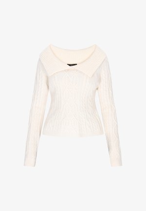 Krem pulover s kabelskim pletenjem in širokim valovitim ovratnikom ter dolgimi rokavi, z oprijetim pasom in teksturiranimi vzorci po celotni površini.