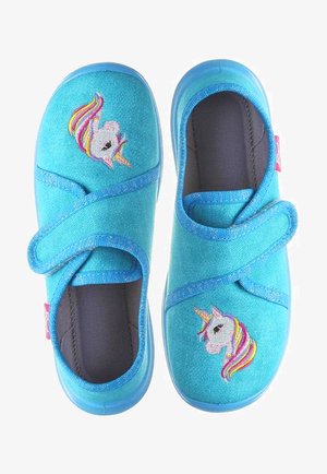 Blue fabric shoes with a Velcro strap, featuring an embroidered unicorn design. Soft texture, round toe, and a cushioned insole.