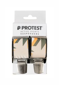 Actieve sportsteunen met een patroondesign in beige, groen en oranje, voorzien van zilveren metalen clips en zwarte randen.