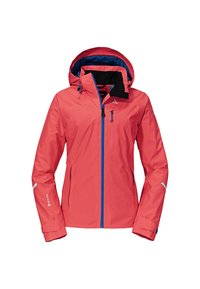 Giacca impermeabile rossa in Gore-Tex, con cappuccio foderato di blu, chiusura anteriore con zip e dettagli riflettenti. Include tasche laterali e tasca sul petto.