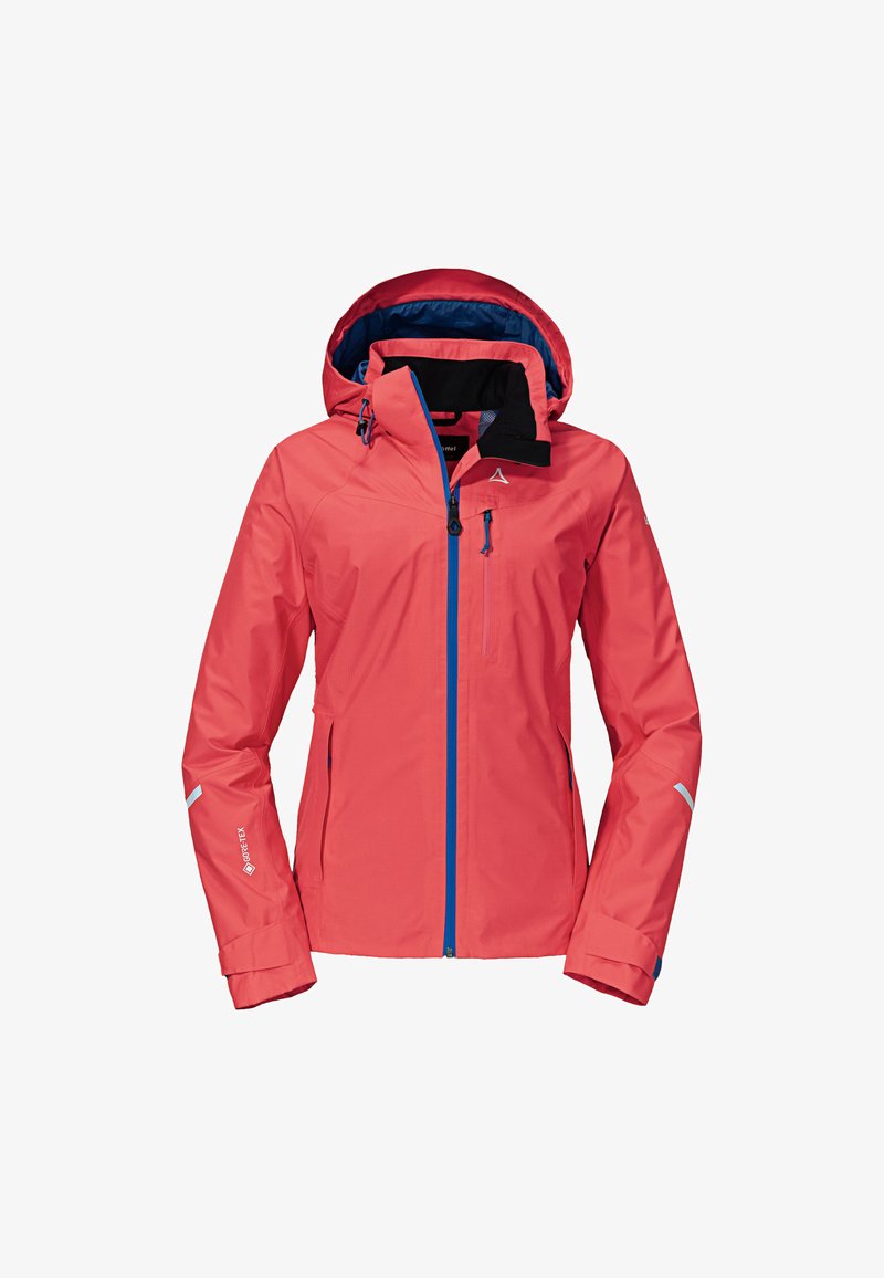 Rote wasserdichte Jacke aus Gore-Tex, mit blauer gefütterter Kapuze, Frontreißverschluss und reflektierenden Akzenten. Mit Seitentaschen und Brusttasche.