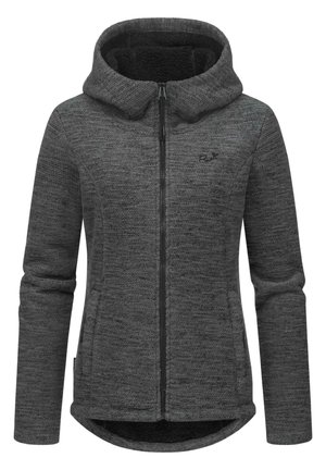 Gray fleece jacket with a zip front, hood, and long sleeves. Textured fabric, soft interior lining, and slightly curved hem.