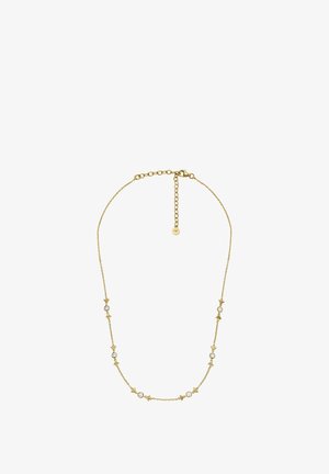 Halskette in Goldfarbe mit kreisförmigen Steindetails und dekorativen Gliedern, ausgestattet mit einer feinen Kette und einer verstellbaren Verlängerung zur Längenanpassung.