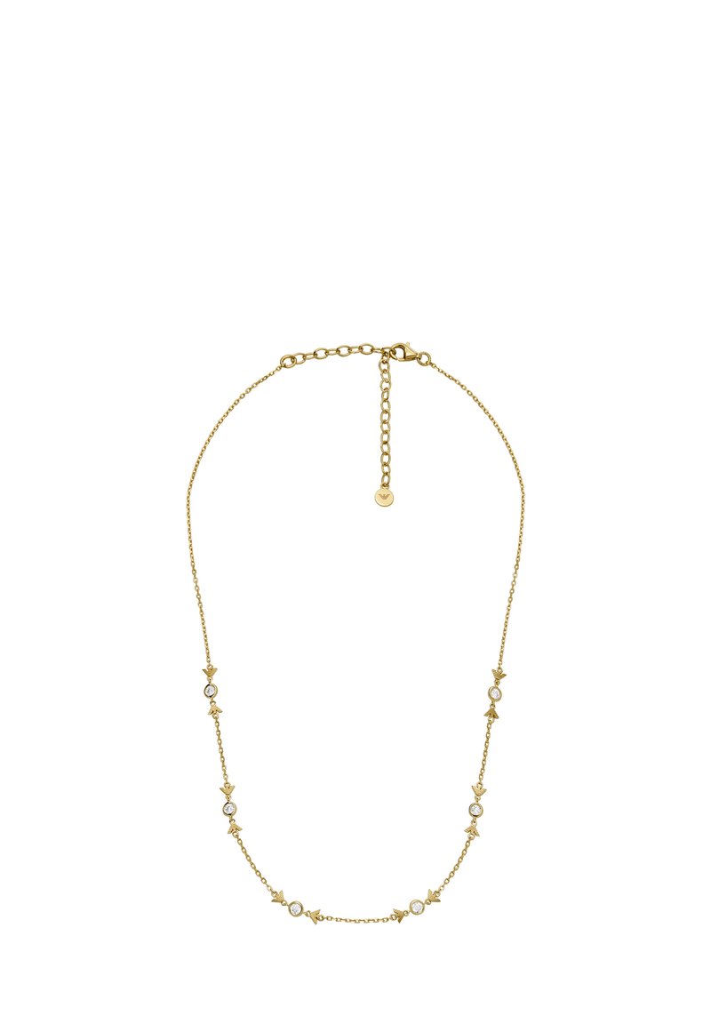 Collar en tono dorado con acentos de piedras circulares y enlaces decorativos, que cuenta con una cadena fina y una extensión ajustable para modificar la longitud.