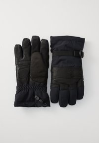 Sorte vinterhansker i skinn og stoffmateriale med elastisk håndledd og justerbar stropp. Teksturert håndflate for bedre grep og varme.