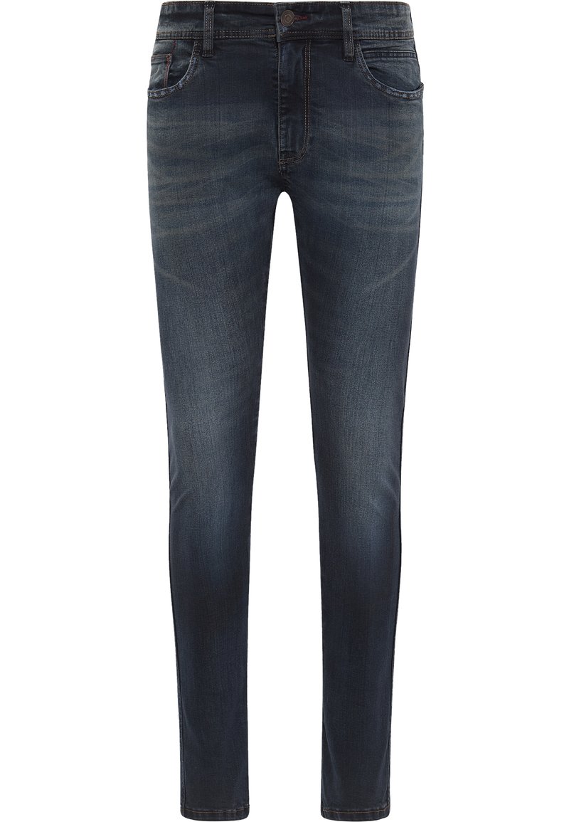 Schmal geschnittene dunkelblaue Denim-Jeans mit dezentem Used-Look, Fünf-Taschen-Design, leichter Steppnaht und Reißverschluss. Glatte Textur.