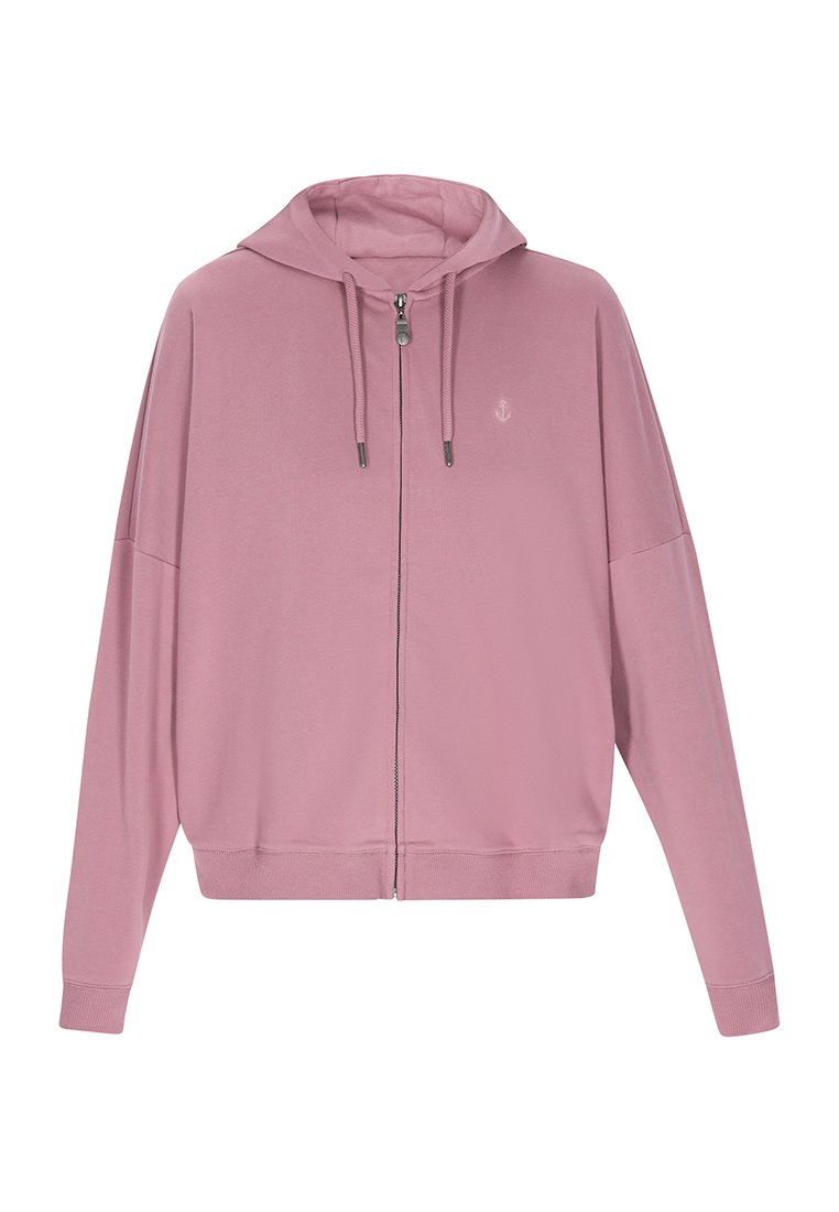 Rosa Zip-Hoodie aus weichem Material, mit verstellbarem Kordelzug an der Kapuze und kleinem Logo auf der linken Brust. Lockere Passform und gerippte Bündchen.