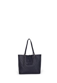 Marineblå tote bag lavet af struktureret syntetisk materiale med guldfarvet hardware, prydet med et blomstermønster og dobbelte skulderremme.