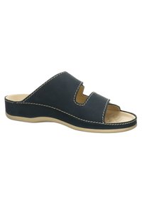 Sandales à glissière bleu marine en matériau doux, dotées de deux découpes asymétriques et de coutures beige contrastantes sur les bords et la semelle.