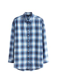 Camicia a maniche lunghe a quadri blu e bianchi in cotone, con colletto a bottoni, bottoni frontali e orlo curvo.