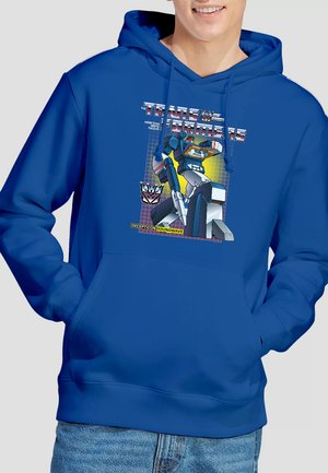 Blue hoodie featuring a graphic print of Decepticon Soundwave from Transformers. Soft material, front kangaroo pocket, and ribbed cuffs.