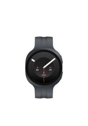 Black smartwatch with round face showing time with hour, minute, and second hands, heart rate 92, steps 3457, and date Saturday 28.