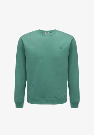 Lichtgroen sweatshirt met een ronde halslijn, versierd met geborduurde glimlachen, harten en vredessymbolen in verschillende kleuren. Zachte textuur.