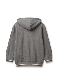 Grijze hoodie met lange mouwen, geribbelde boorden en tailleband met witte en rode strepen, weergegeven vanaf de achterkant op een witte achtergrond.