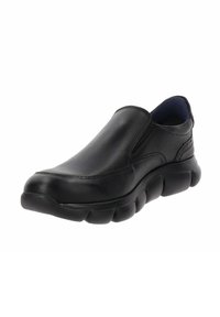 Czarne buty wsuwane wykonane ze skóry. Posiadają zaokrąglony czubek, gładką powierzchnię oraz wyściółkę z poduszką z zaokrąglonymi segmentami, zapewniającą wygodę.