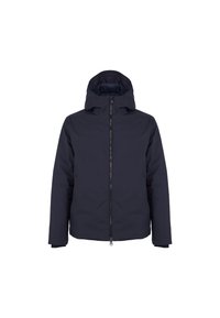 Giacca isolante blu navy con cappuccio, zip frontale e polsini elasticizzati, caratterizzata da una texture liscia e un design minimalista.