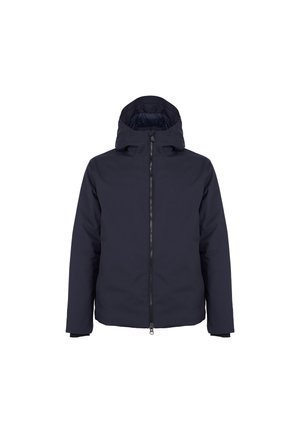 Granatowa kurtka ocieplana z kapturem, z zamkiem błyskawicznym z przodu i elastycznymi mankietami, o gładkiej fakturze i minimalistycznym designie.