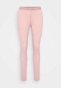 Lyse rosa leggings laget av myk stoff, med et ensfarget design og en kontrasterende midjebånd med merkevarenavnet "icebreaker" trykt.