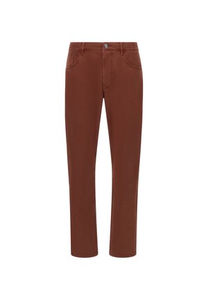 Pantalon en coton marron avec une coupe droite, des poches avant, une fermeture à un bouton et une texture lisse.