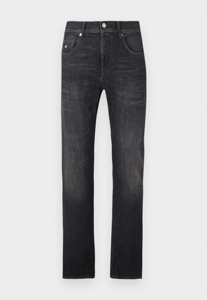 Dark grey denim jeans with a straight cut, featuring five pockets, a button closure, and subtle fading details along the legs.