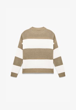 Neulepaidan, jossa on poikittaisia raitoja oliivinvihreänä ja valkoisena. Pyöreä kaula-aukko, pitkät hihat, joustavat reunat ja rakenne on löysää neulosta.